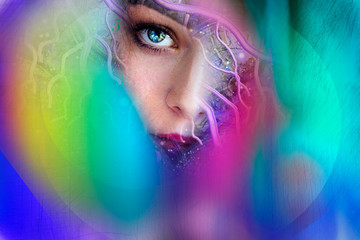 Artistic rainbow background and female face
