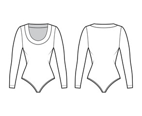Bodysuit technical fashion illustration with scooped neckline, long sleeves, medium-coverage briefs. Flat outwear one-piece apparel template front back white color. Women men unisex shirt top mockup