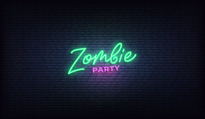 Zombie party neon lettering sign. Halloween holiday vector design