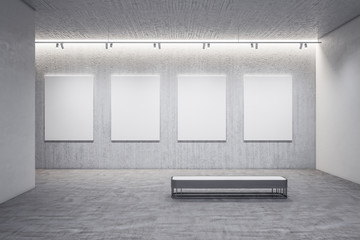 Contemporary gallery interior with four empty billboards - obrazy, fototapety, plakaty
