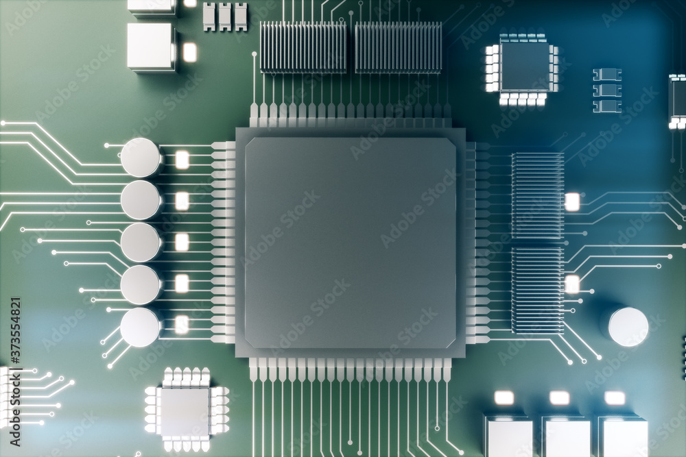Poster cpu microchip on motherboard.