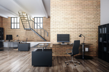 Modern home office with computer on table and empty wall.