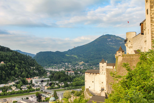 landscape on a summer day fortress and mountains, blue sky with clouds