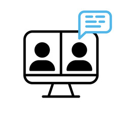 Video conference icon. Person on computer screen. Home office. Digital communication. Internet teaching media.