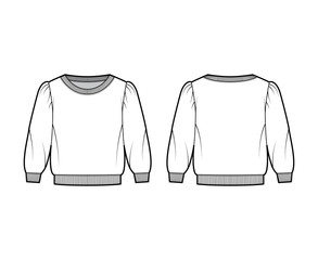 Cropped cotton-terry sweatshirt technical fashion illustration with scoop neckline, puffed shoulders, elbow sleeves. Flat jumper apparel template front back white color. Women, men unisex top CAD