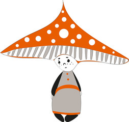 cartoon with a child in a fly agaric costume, a large hat and a floor-length suit