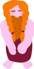 cartoon Viking with long red hair tied in pigtails, in a red hoodie with large hands and feet