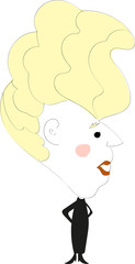 a cartoon of a woman with a high hairstyle of curly white hair and dressed in a black dress and black shoes with heels