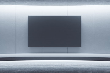 Futuristic concrete interior with empty black  poster on wall.