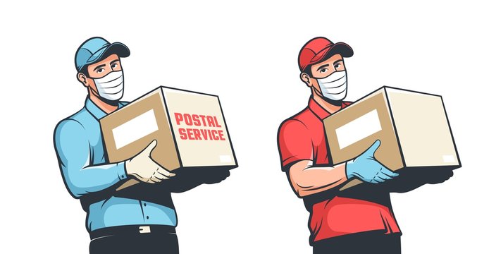 Delivery man in medical mask and gloves, courier with parcel in hand. Safe shipping. Vintage retro vector illustration.