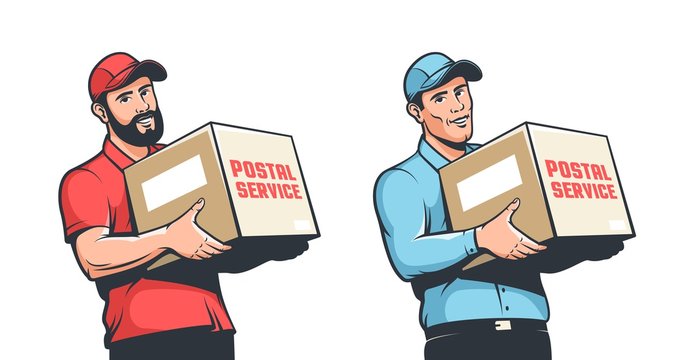 Delivery man, courier in cap with box in hand.