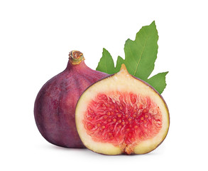 ripe figs with green sheet on white background