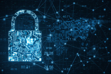 Glowing digital lock and world map interface.