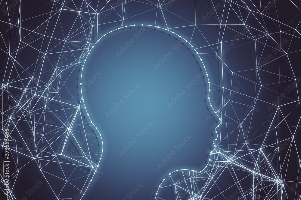 Poster abstract glowing robot head on polygonal background.