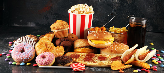 Unhealthy products. food bad for figure, skin, heart and teeth.