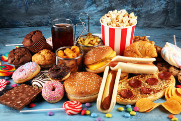 Unhealthy products. food bad for figure, skin, heart and teeth.