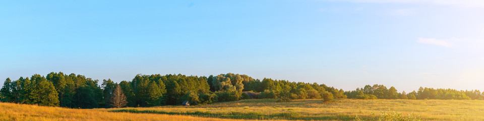 bright panoramic country side landscape view with field and blue sky