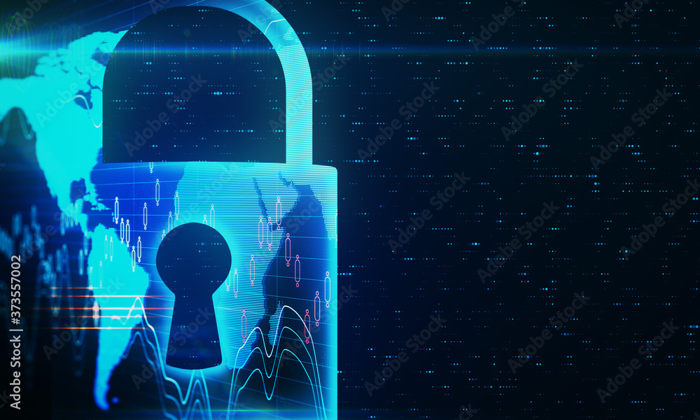 Poster glowing digital lock with chart and world map