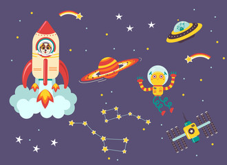 Funny kids space transport set. Spaceship, UFO, space station and space robot cartoon vector illustration isolated on dark background