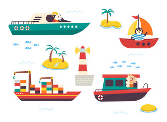 Funny kids water transport set with little animals. Boat, yacht, sailboat, motorboat, container ship and lighthouse cartoon vector illustration isolated on white background