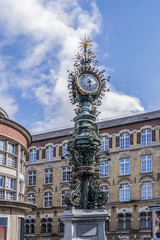Symbolic sculpture of Amiens - Dewailly Clock (l'horloge Dewailly) near Amiens Cathedral. Dewailly Clock built in 1892. Amiens, Picardy, Somme, France.