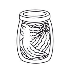 Outline glass jar of canned cucumbers. Line art. Cartoon homemade pickled, preserve food for pantry/supply cellar. Hand drawn design element isolated on white background. Doodle, coloring book page
