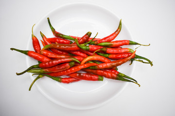 Fresh green chillies turned in to red ripe red chilly with green stem. Fresh raw not dried places in white plate with white background. Hot Indian asian chillies