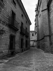 Image n black and white of a narrow street full of medieval cobblestones in Baeza, Jaen, Spain