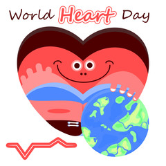 A funny heart with eyes and a smile embraced the planet, and under them is an image of a cardiogram. Vector illustration