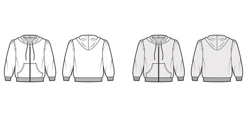 Zip-up cropped cotton-jersey hoodie technical fashion illustration with puffed shoulders, elbow sleeves, front pocket. Flat jumper template front back white grey color. Women men unisex sweatshirt top