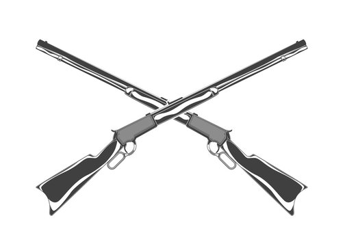 Vintage monochrome crossed rifles illustration. Isolated vector template