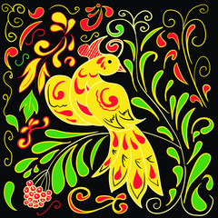 Vector illustration with a bird and abstract flowers. Traditional russian ornament. Khokhloma.