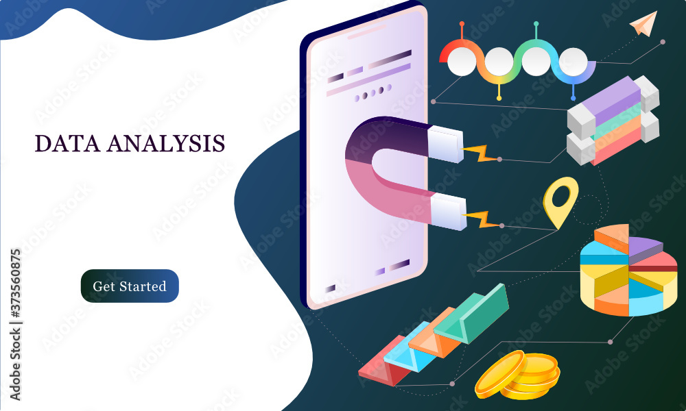 Poster modern flat design 3d isometric concept of big data analysis for banner and website. isometric landi
