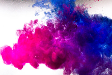 A cloud of pink and blue paint released into clear water. Isolate on a white background.