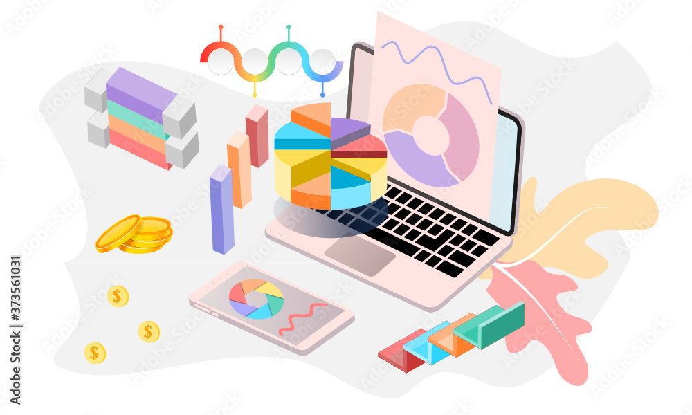 Poster modern flat design 3d isometric concept of big data analysis for banner and website. isometric landi