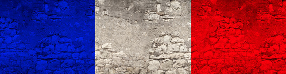 seamless panorama of the national flag of the state of France on an old stone wall with cracks, the concept of tourism, emigration, economy, politics, global world trade