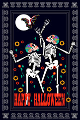 Happy Halloween background with skulls dancing on the Moonlight, flowers, bat and text