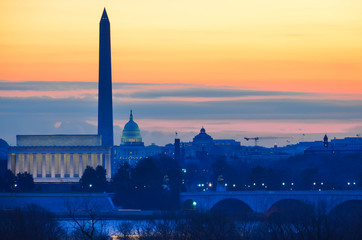 Washington DC skyline at sunrise including Lincoln Memorial, Washington Monument, and United States...