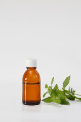 melissa essential oil container with melissa leaves and flowers isolated white