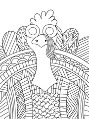 Funny ornamental turkey bird stock vector illustration. Happy thanksgiving day coloring page for kids with turkey bird. Detailed fantasy turkey black outline isolated on white. 