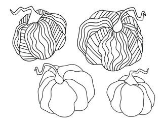 Four pumpkins setblack outline isolated on white stock vector illustration. Black and white illustration for coloring page for kids and adults. Decorative ornamental pumpkins harvest seasonal day.