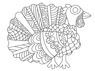 Happy thanksgiving day funny cartoon turkey coloring page stock vector illustration. Young alive turkey bird with big tail stands in profile cartoon coloring page. Ornamental turkey bird black outline