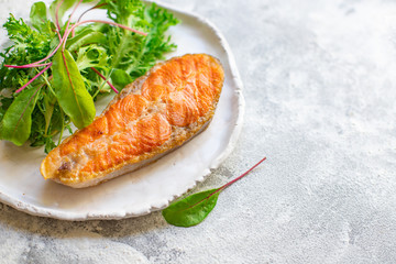 salmon steak fried fillet fish seafood natural ingredient second course eating top view copy space for text keto or paleo diet raw pescetarian