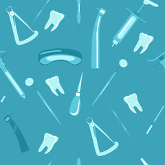 Dental tools or instruments  seamless pattern.Orthodontic prosthetics and filling,treatment of diseases of the oral cavity,caries.Tweezers,drill bit,spatula,dental crown micrometer.Vector for clinic
