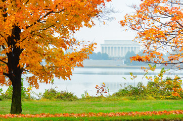 Autumn foliage and Washington D.C. - Lincoln memorial and Potomac River among autumn maple trees. - obrazy, fototapety, plakaty