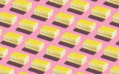 Trendy seamless food pattern - layered sponge cakes on a pastel background, minimal food isometric concept texture.