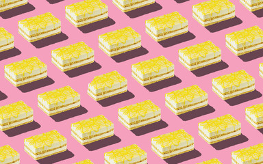 Trendy seamless food pattern - layered sponge cakes on a pastel background, minimal food isometric concept texture.