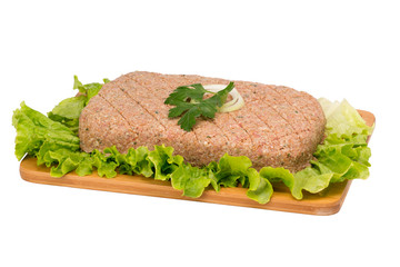 raw kebab on wooden board on white background