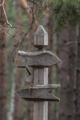 Wooden signs. Information plate. Direction indicator. Cardinal points. Signpost on the road. Orientation on the ground. Lost information. Pointer without data. Lack of information.