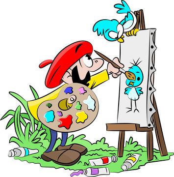 Cartoon artist working on a canvas painting a picture of his blue bird friend vector illustration